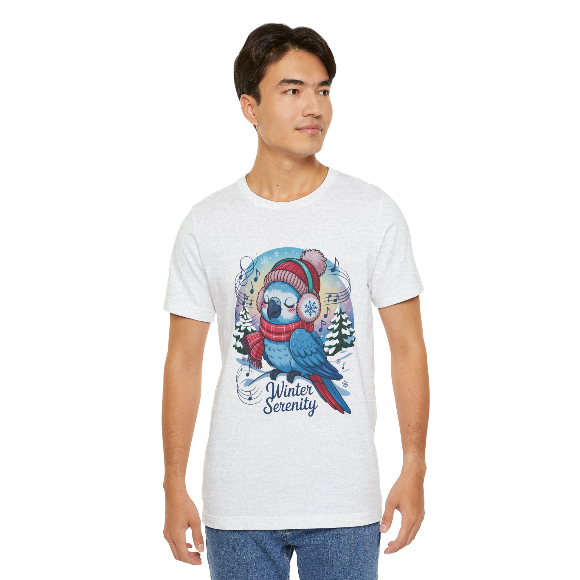 Winter Serenity Cute Baby Parrot Unisex T-Shirt features a whimsical parrot design, ideal for casual winter wear. Crafted from 100% Airlume combed cotton, it offers a comfortable, stylish fit.