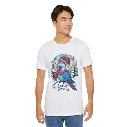 Winter Serenity Cute Baby Parrot Unisex T-Shirt features a whimsical parrot design, ideal for casual winter wear. Crafted from 100% Airlume combed cotton, it offers a comfortable, stylish fit.