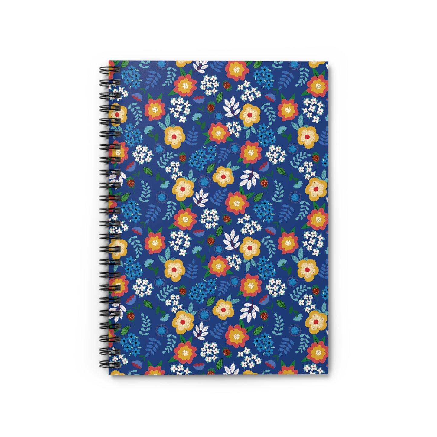 Floral Spiral Notebook featuring vibrant floral patterns on a deep blue cover, with a sleek black metal binding on the left. Ideal for jotting notes, sketching, or journaling with style and joy.