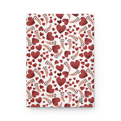 HARDCOVER JOURNAL, MATTE, RULED, 5X7, SEWN BIND, CLEAN-TEAR PAGES – HEARTS: features a vibrant cover with red heart and fern patterns, subtle shadowing, and a small barcode on the back.