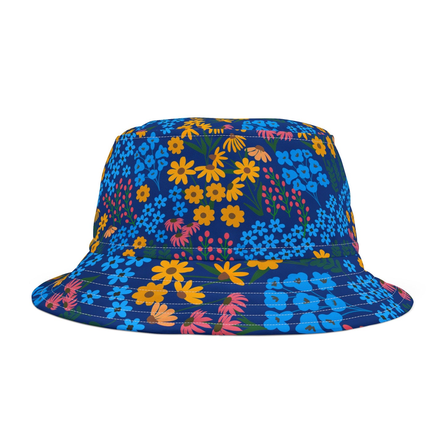 Vibrant Floral Bucket Hat - Colorful Summer Accessory: A royal blue bucket hat adorned with a lively floral print in yellow, light blue, pink, and orange blossoms with green leaves, perfect for joyful, stylish outdoor adventures.