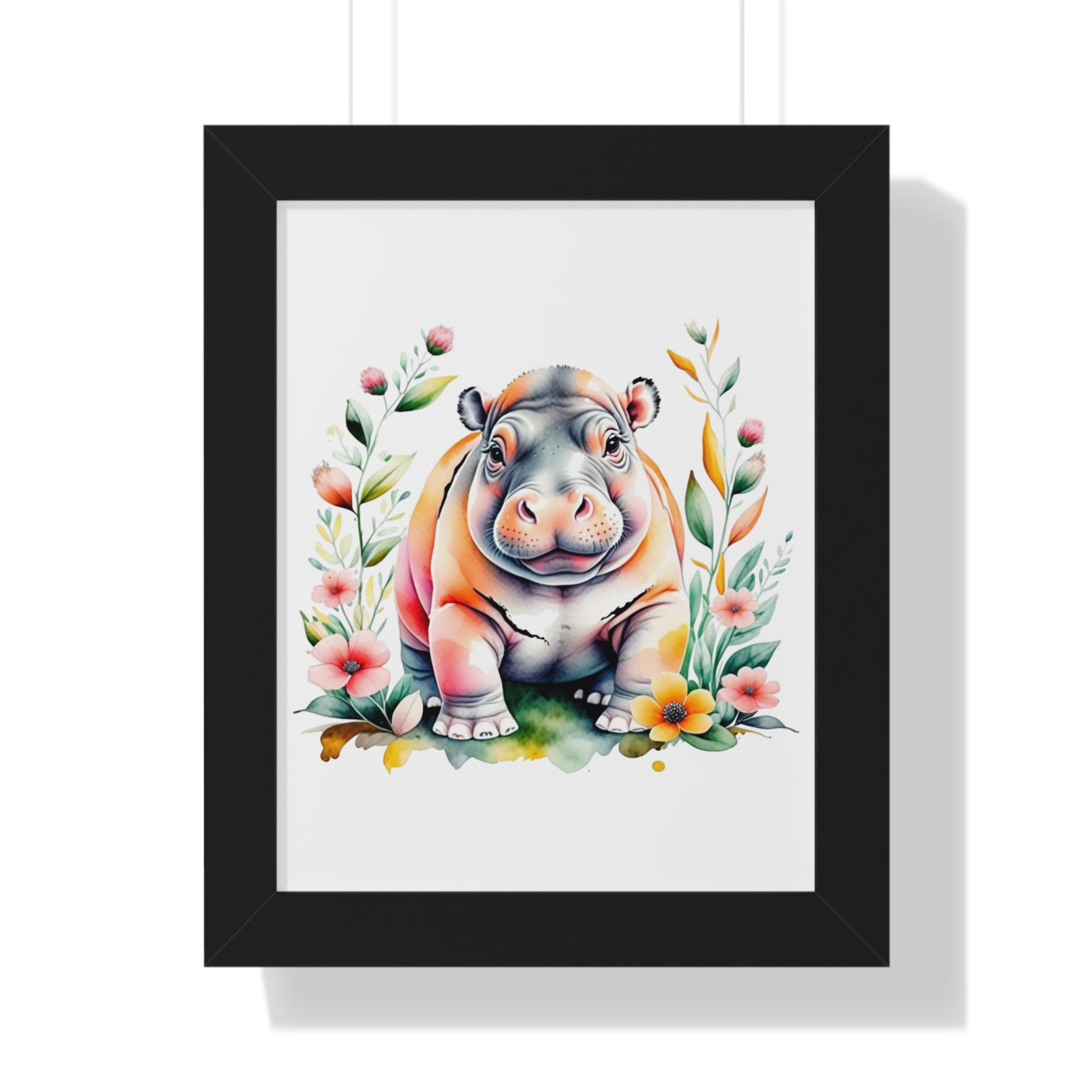 Whimsical Baby Hippo Wall Art: A charming framed illustration of a baby hippo adorned with flowers and leaves, perfect for nursery decor or gifts, featuring bright pigment inks on museum-grade paper.
