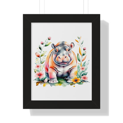 Whimsical Baby Hippo Wall Art: A charming framed illustration of a baby hippo adorned with flowers and leaves, perfect for nursery decor or gifts, featuring bright pigment inks on museum-grade paper.