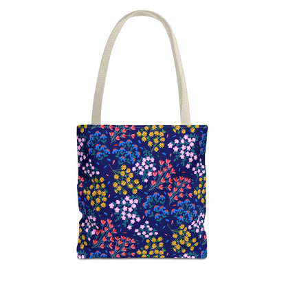 Midnight Garden Tote Bag featuring a deep navy floral pattern with vibrant flowers and off-white straps, embodying FireBrook Designs' blend of joy and practicality, perfect for stylish, everyday use.