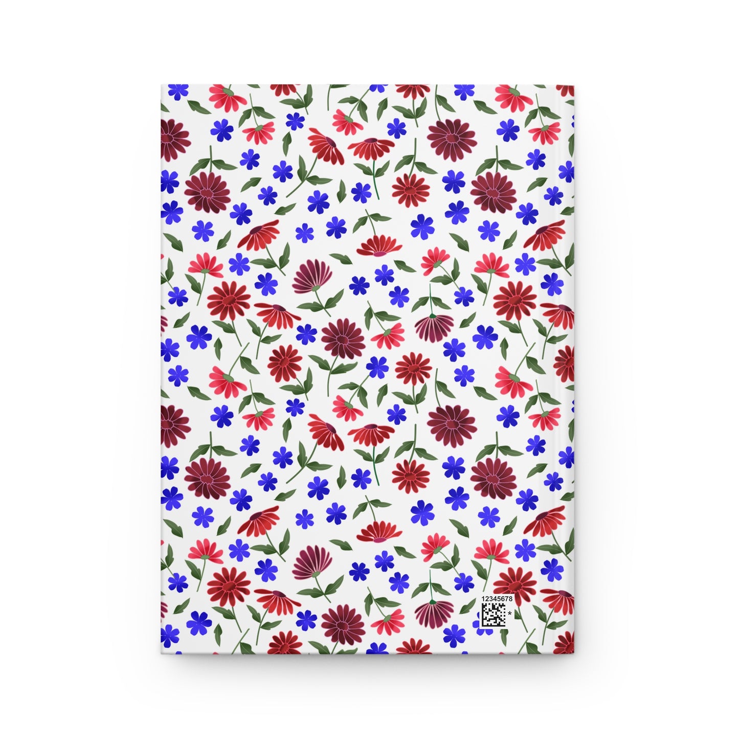 Floral Ditsy Hardcover Journal — Red & Blue Wildflower Notebook features a vibrant floral pattern of red daisies and blue blossoms on a white matte cover, embodying FireBrook Designs' uplifting style.