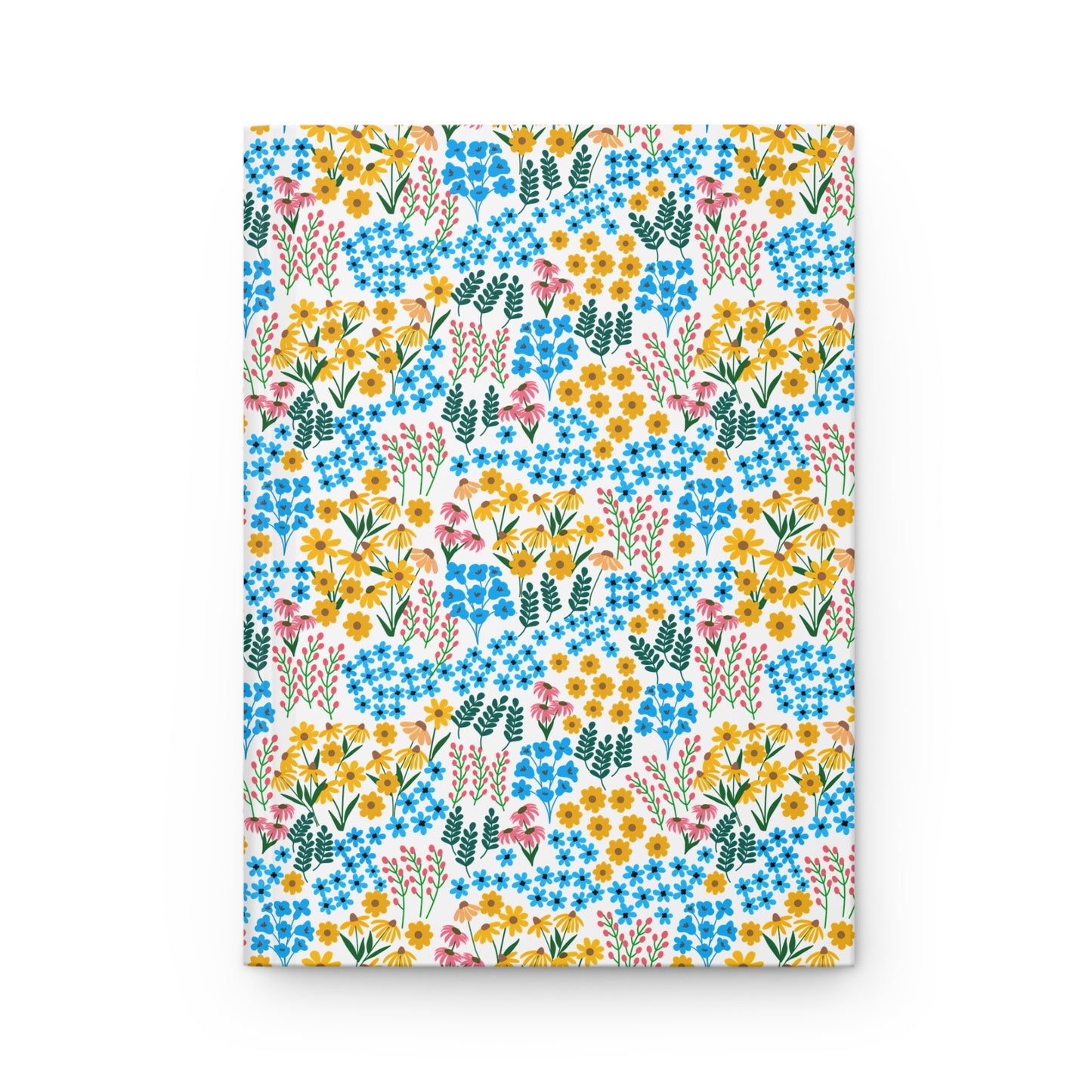 HARDCOVER JOURNAL, MATTE, RULED, 5X7, SEWN BIND, CLEAN-TEAR PAGES – WILDFLOWER MEADOW MIX features a durable matte cover with a vibrant floral pattern of daisies, blue blossoms, pink spikes, and green leaves.