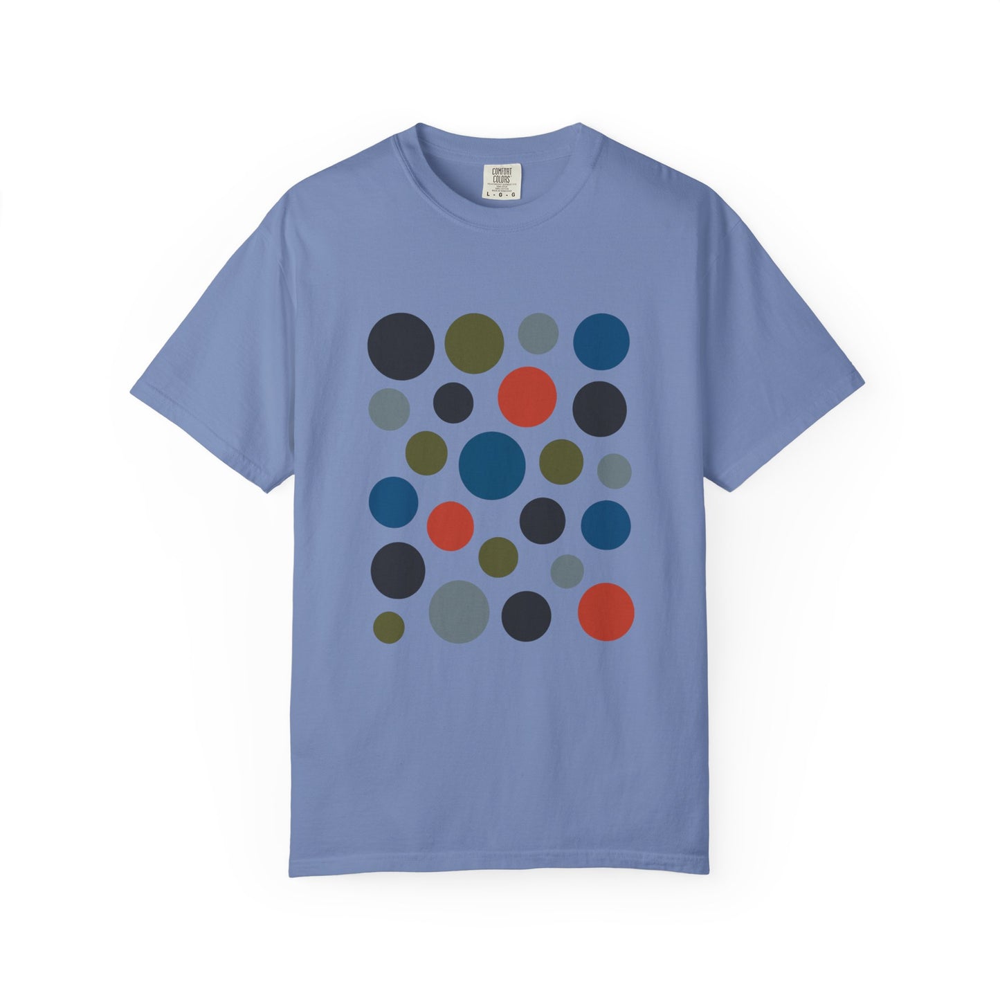 Abstract Circle Design in Modern Muted Tones T-Shirt featuring an artistic layout of solid circles, ideal for art lovers seeking stylish comfort with durable, high-quality cotton from FireBrook Essentials.