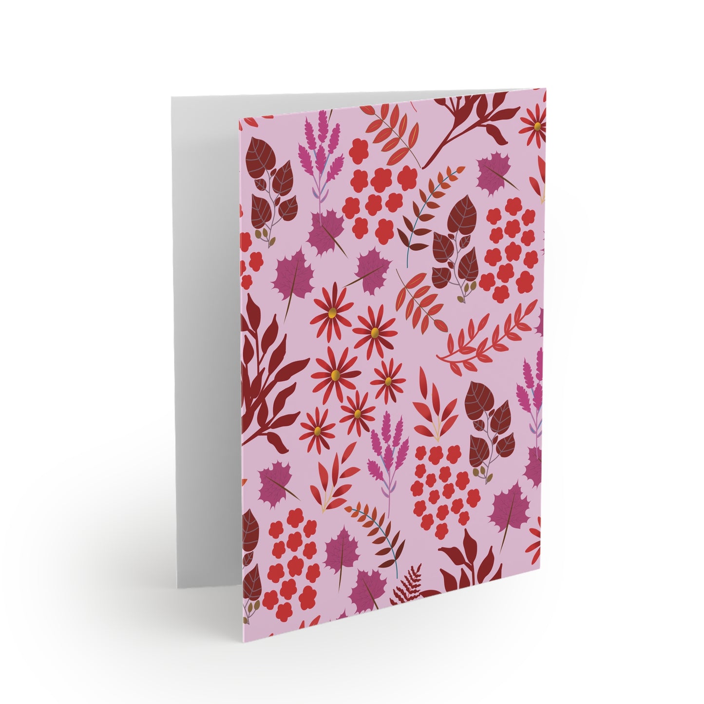 Greeting Cards — Pack of 8/16/24 featuring a pink botanical pattern on the cover with red and dark-red flowers, inside is blank. Comes with matching white envelopes, perfect for personal messages.