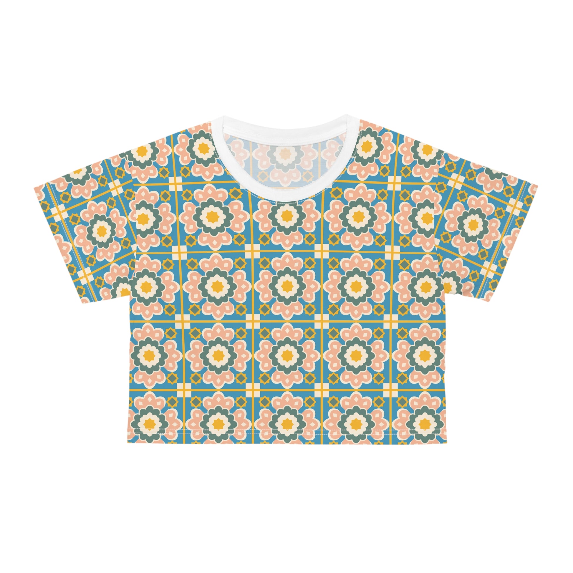Floral Pattern Stylish Summer Top for Casual Vibes Crop T-Shirt featuring colorful floral designs and a white collar, perfect for adding vibrancy to your wardrobe. Ideal for casual outings and summer events.