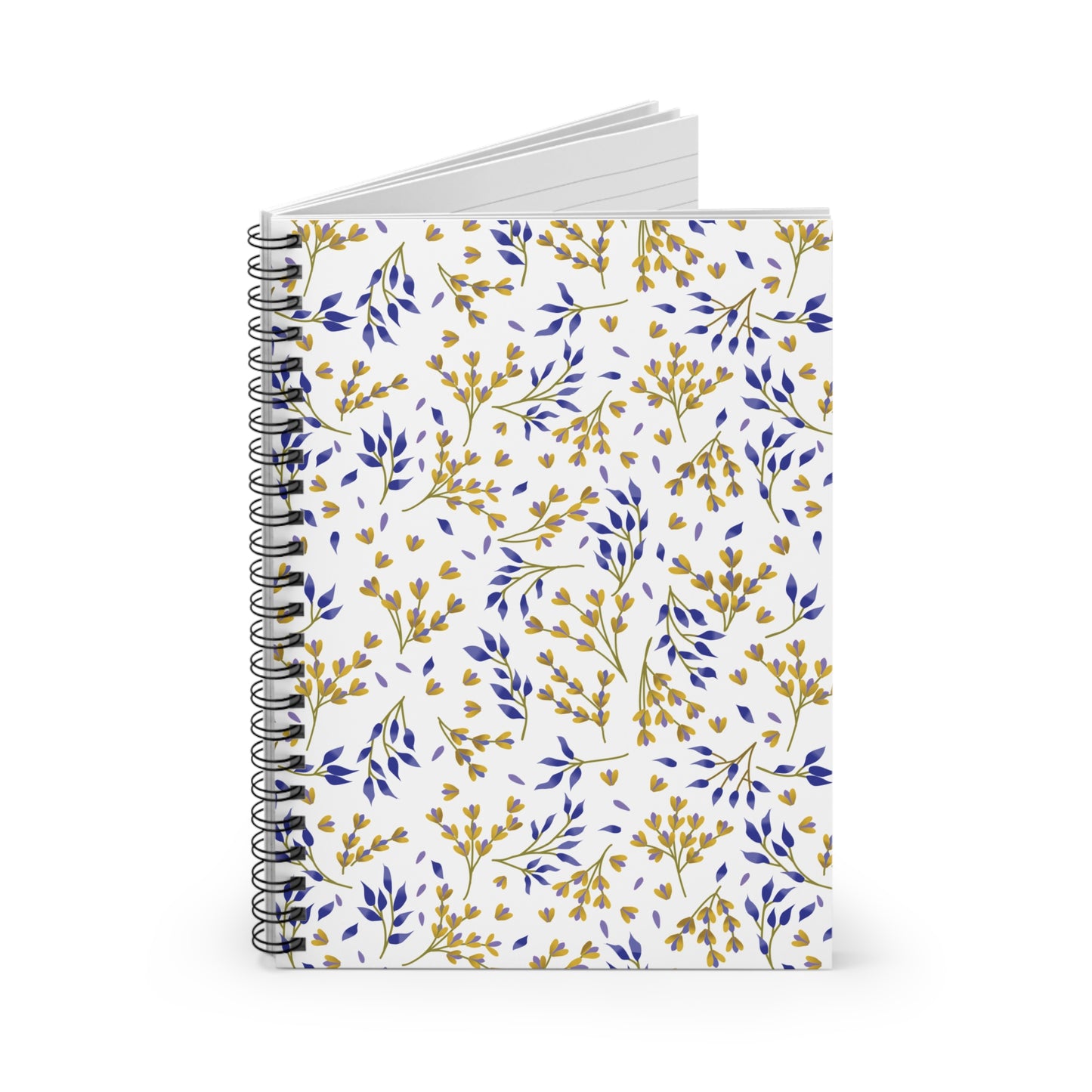 Floral Spiral Notebook featuring a white cover adorned with a delicate botanical pattern of gold-toned buds and blue leaves, complemented by sleek metal spiral binding for easy page turning and creative expression.
