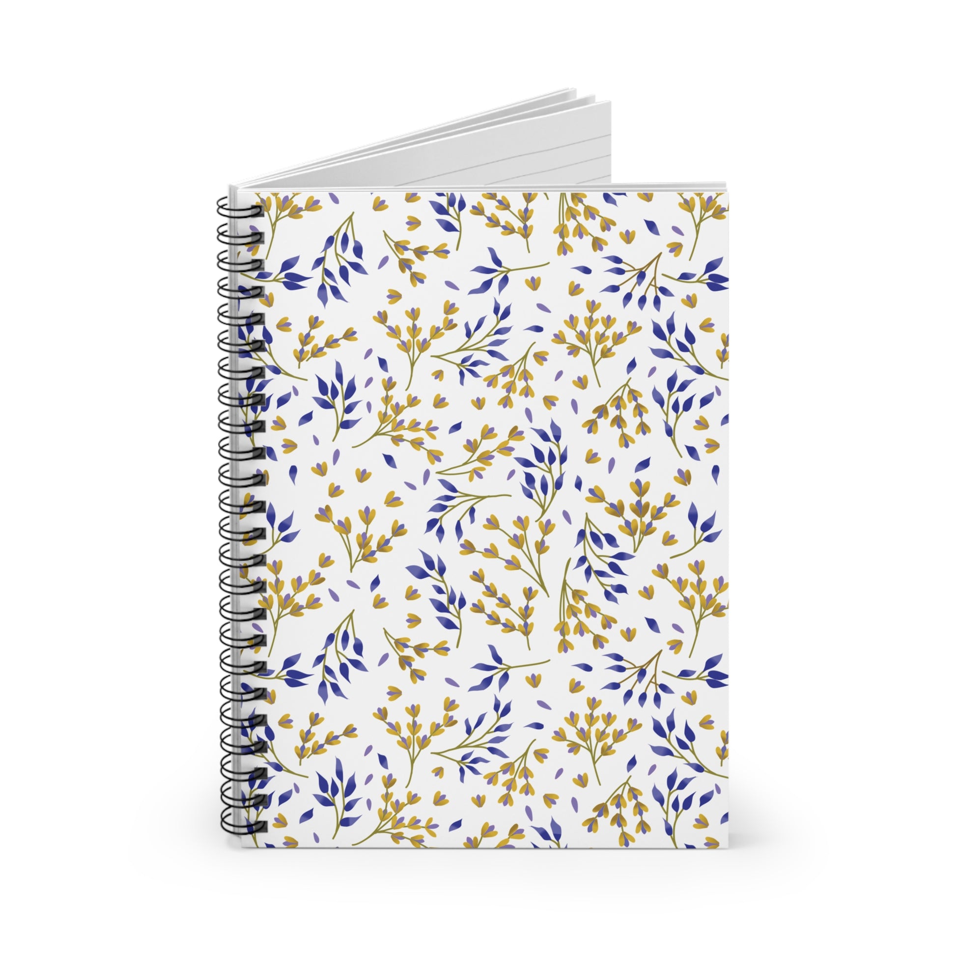 Floral Spiral Notebook featuring a white cover adorned with a delicate botanical pattern of gold-toned buds and blue leaves, complemented by sleek metal spiral binding for easy page turning and creative expression.