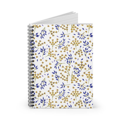Floral Spiral Notebook featuring a white cover adorned with a delicate botanical pattern of gold-toned buds and blue leaves, complemented by sleek metal spiral binding for easy page turning and creative expression.