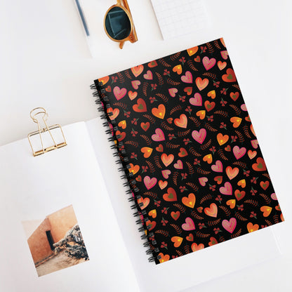 Spiral Notebook, Durable Cover, Rules, 6x8: A compact notebook with a black cover adorned with orange, red, and pink hearts and leafy sprigs, ideal for stylish, on-the-go note-taking.