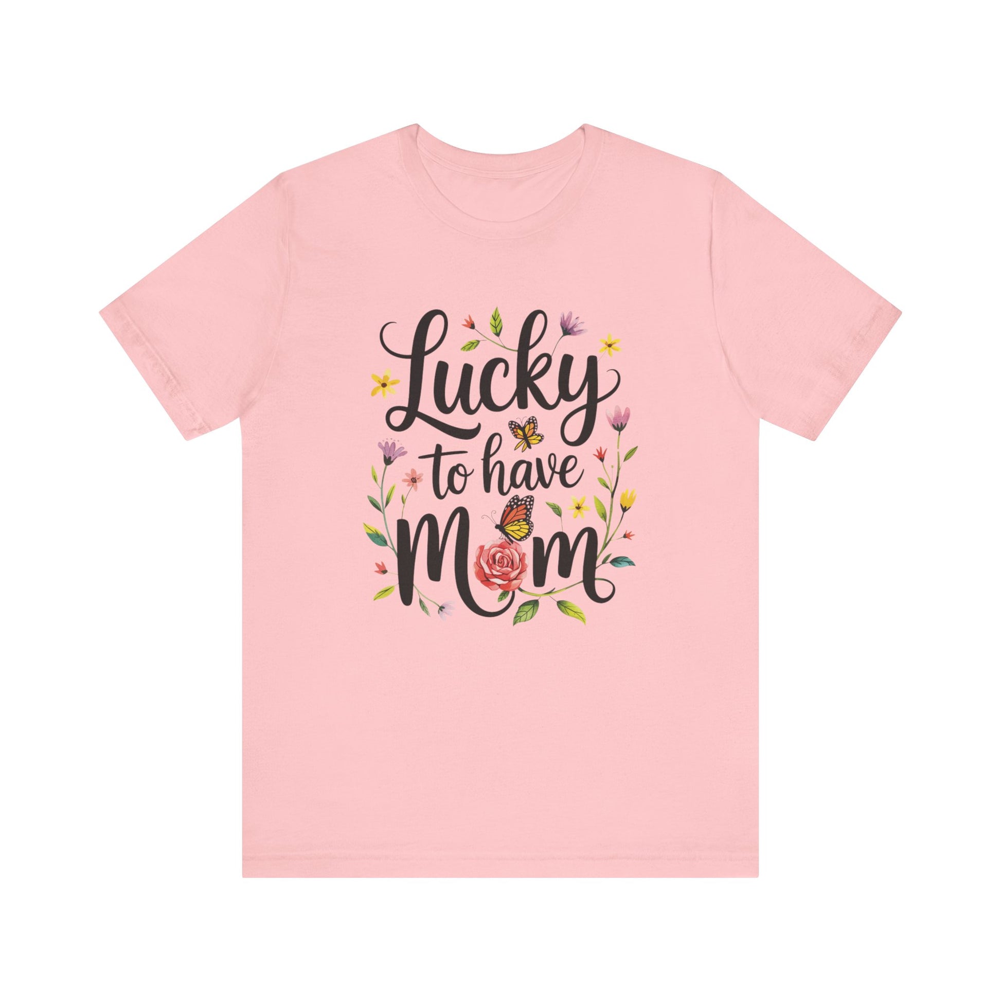 Lucky to Have Mom Mother's Day Bella+Canvas Unisex T-Shirt featuring a floral design with butterflies and the phrase 'Lucky to have mom' prominently displayed, epitomizing comfort and style.