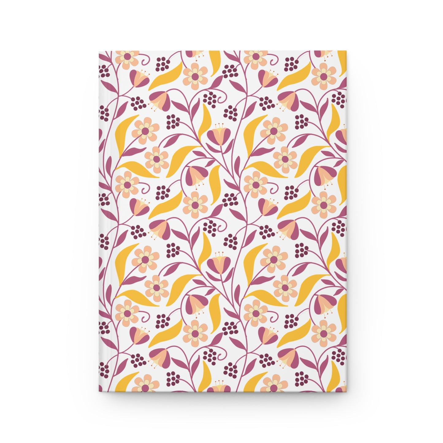 HARDCOVER JOURNAL, MATTE, RULED, 5X7, SEWN BIND, CLEAN-TEAR PAGES – FLORAL VINE features a vibrant, symmetrical floral pattern with stylized flowers and vines on a durable, matte-finished cover.