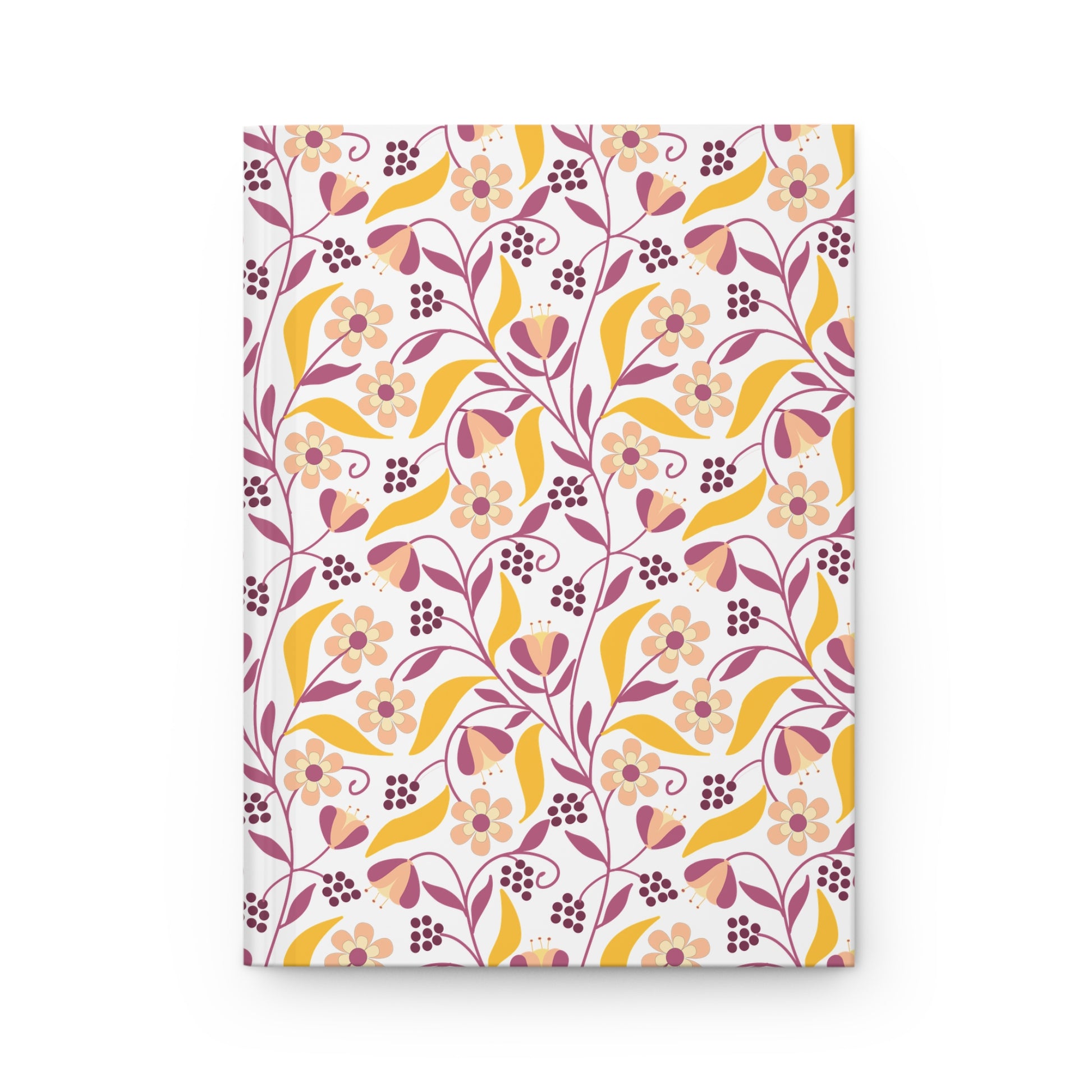 HARDCOVER JOURNAL, MATTE, RULED, 5X7, SEWN BIND, CLEAN-TEAR PAGES – FLORAL VINE features a vibrant, symmetrical floral pattern with stylized flowers and vines on a durable, matte-finished cover.