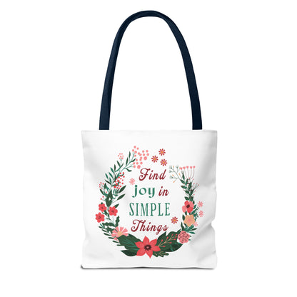 Find Joy in Simple Things Tote Bag featuring a floral wreath design, ideal for versatile use with reinforced handles and durable polyester body.