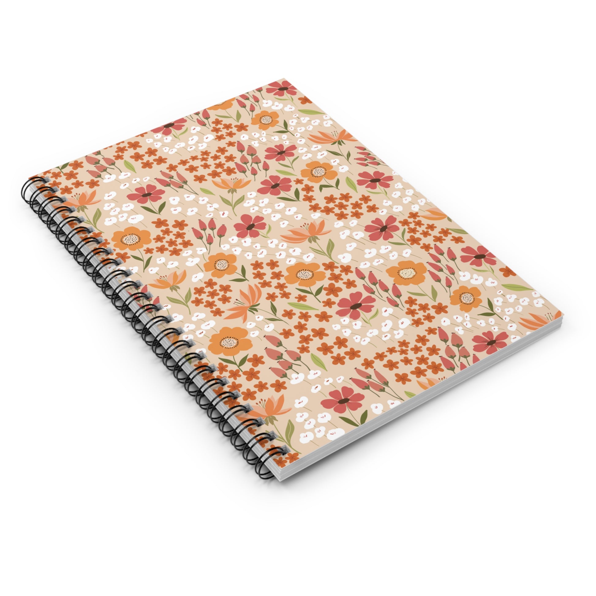 Floral Spiral Notebook with vibrant floral patterns in warm tones, features a sleek black metal binding, ideal for creative note-taking and journaling, reflecting FireBrook Designs' uplifting and joyful ethos.