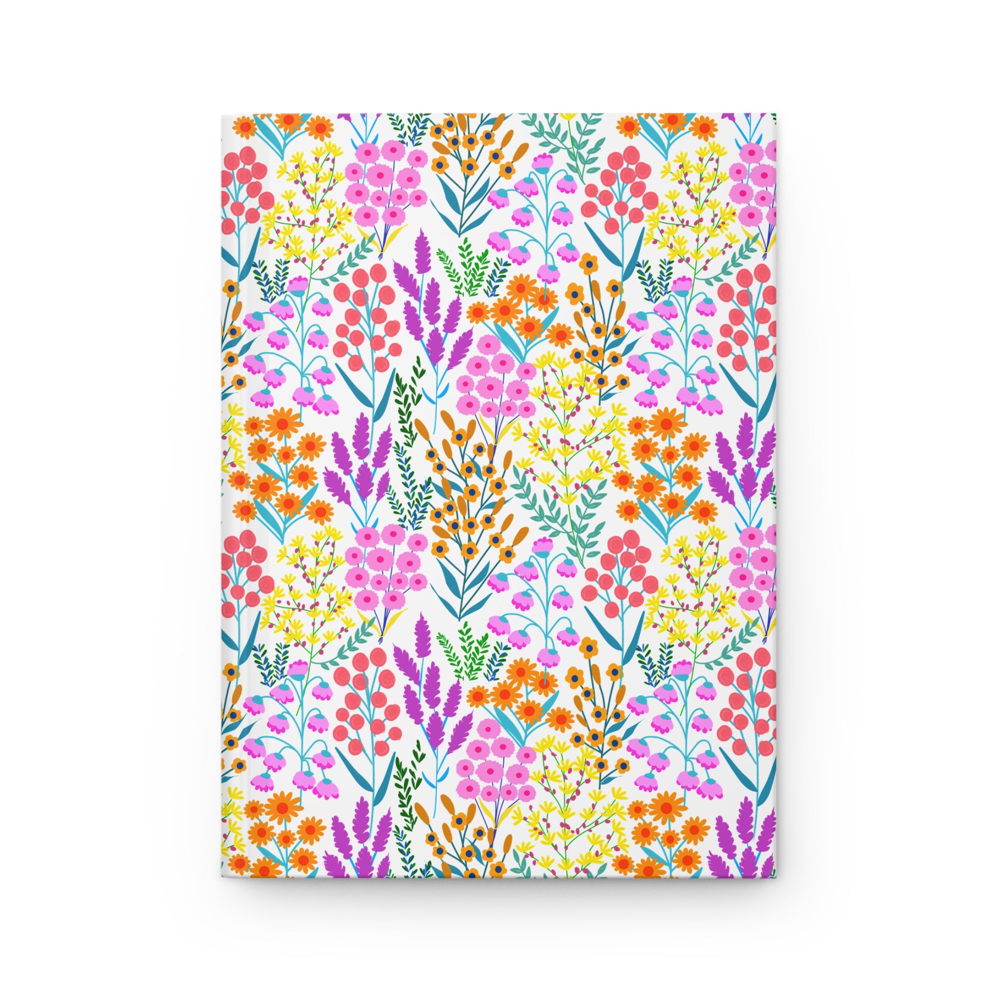 HARDCOVER JOURNAL, MATTE, RULED, 5X7, SEWN BIND, CLEAN-TEAR PAGES - FLORAL MEADOWS: A vibrant floral-patterned journal with a matte finish, featuring wildflowers and berries, perfect for joyful and uplifting writing experiences.
