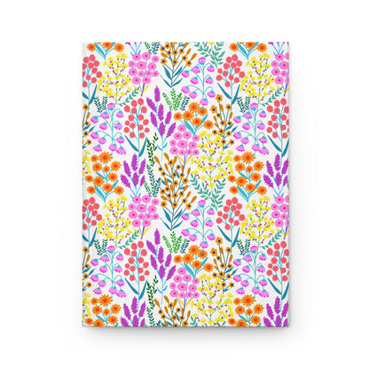 HARDCOVER JOURNAL, MATTE, RULED, 5X7, SEWN BIND, CLEAN-TEAR PAGES - FLORAL MEADOWS: A vibrant floral-patterned journal with a matte finish, featuring wildflowers and berries, perfect for joyful and uplifting writing experiences.