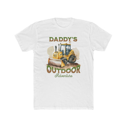 Daddy's Outdoor Adventure Tractor Next Level Unisex T-Shirt featuring a yellow tractor graphic, designed for outdoor-loving dads, offers comfort with its ribbed knit collar and combed cotton fabric.