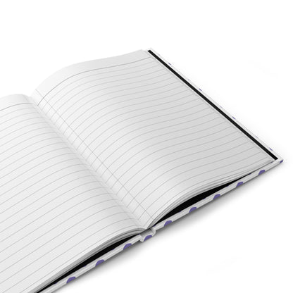 HARDCOVER JOURNAL, MATTE, RULED, 5X7, SEWN BIND, CLEAN-TEAR PAGES – INDIGO, open flat on a white surface, displaying blank, ruled pages with a hint of the purple-dotted cover below.