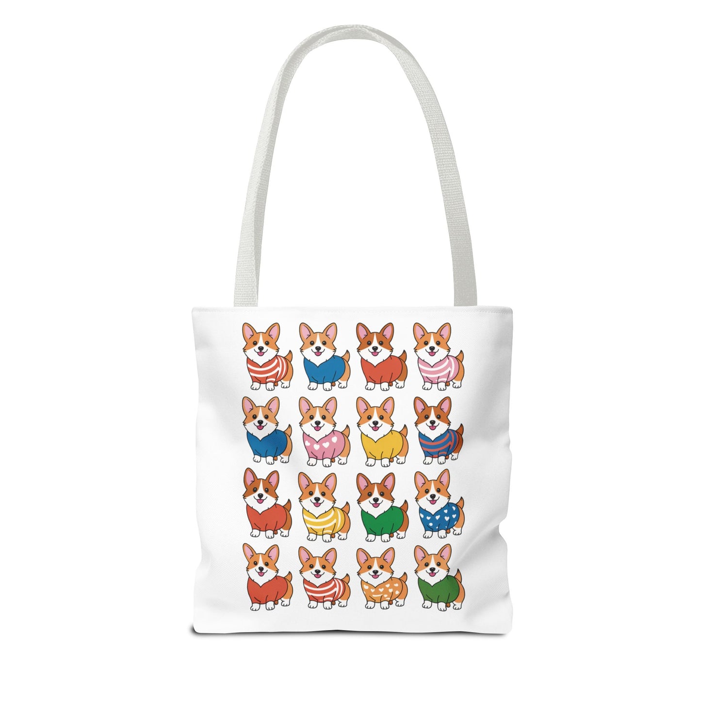 Corgi Grid Tote Bag - Cheerful Cartoon Style Dog Lover Shoulder Bag features adorable Corgis in playful outfits on a sturdy polyester tote, perfect for everyday use with reinforced handles and spacious design.