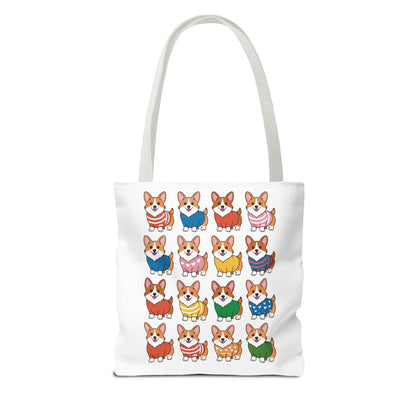 Corgi Grid Tote Bag - Cheerful Cartoon Style Dog Lover Shoulder Bag features adorable Corgis in playful outfits on a sturdy polyester tote, perfect for everyday use with reinforced handles and spacious design.