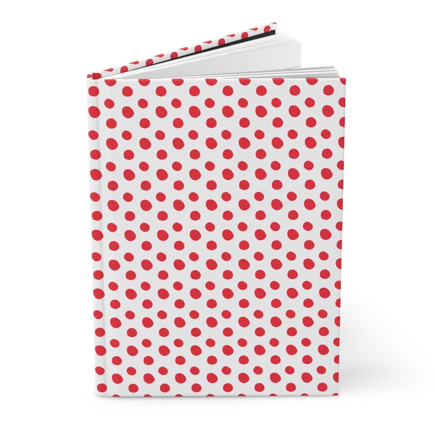 HARDCOVER JOURNAL, MATTE, RULED, 5X7, SEWN BIND, CLEAN-TEAR PAGES – CLASSIC DOT, RED, features a white cover with red polka-dots, showcasing its sleek, vibrant design and durable, flexible binding.