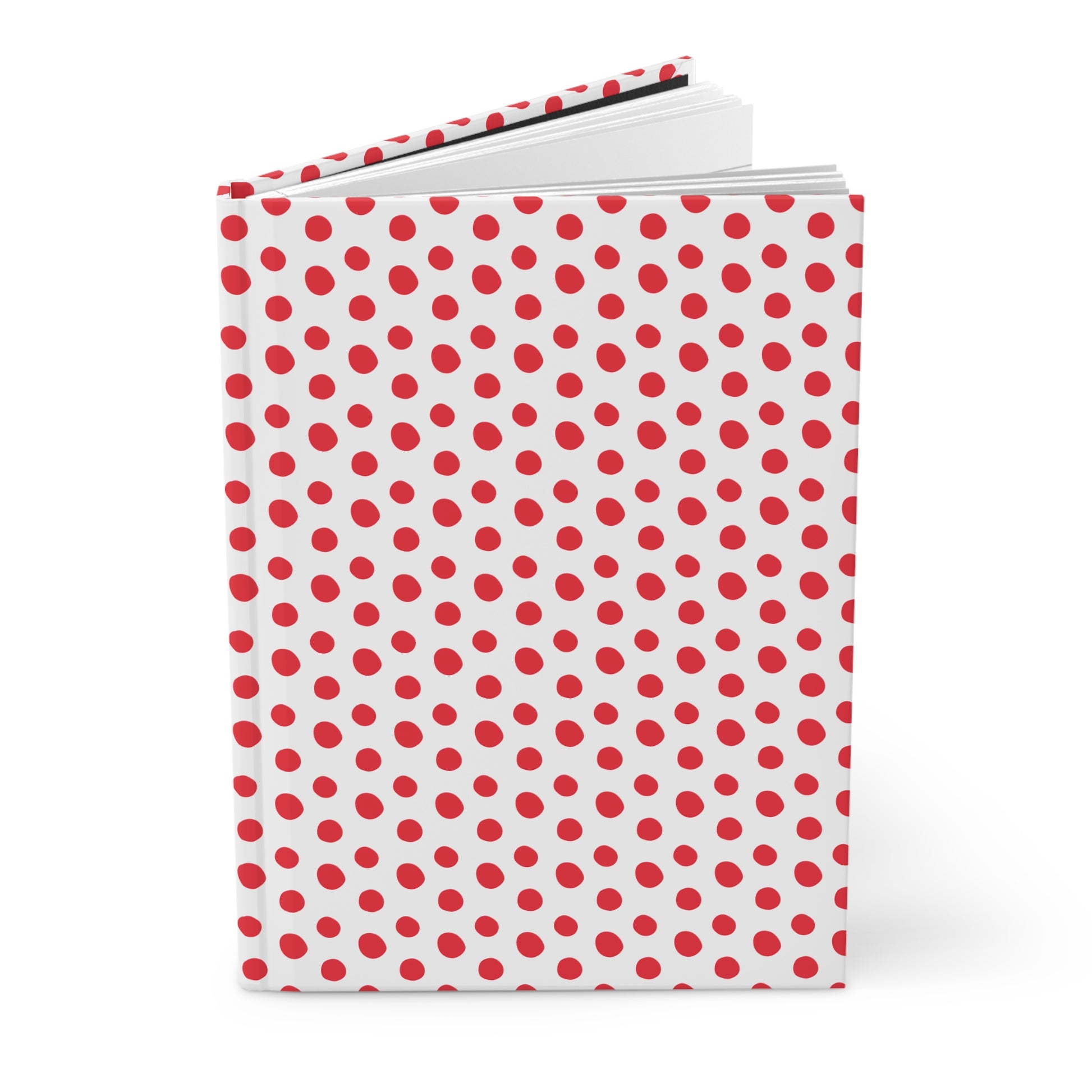 HARDCOVER JOURNAL, MATTE, RULED, 5X7, SEWN BIND, CLEAN-TEAR PAGES – CLASSIC DOT, RED, features a white cover with red polka-dots, showcasing its sleek, vibrant design and durable, flexible binding.