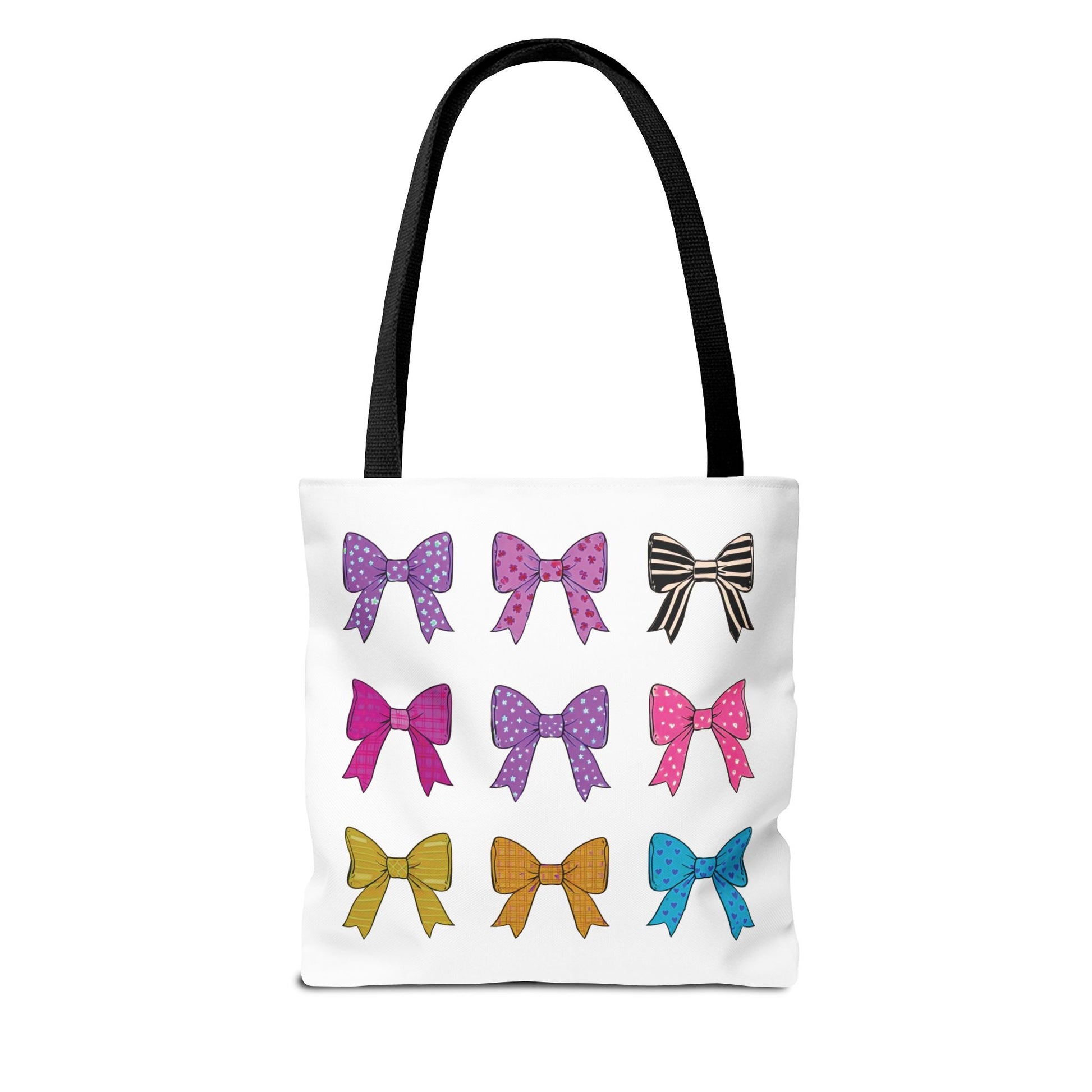 Bows Ribbons Tote Bag featuring colorful bow patterns, offers style and practicality with spacious design and durable polyester body, perfect for daily adventures. Ideal for fashion-forward individuals seeking functionality.