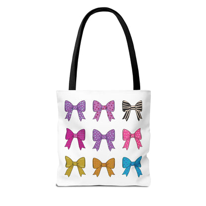 Bows Ribbons Tote Bag featuring colorful bow patterns, offers style and practicality with spacious design and durable polyester body, perfect for daily adventures. Ideal for fashion-forward individuals seeking functionality.
