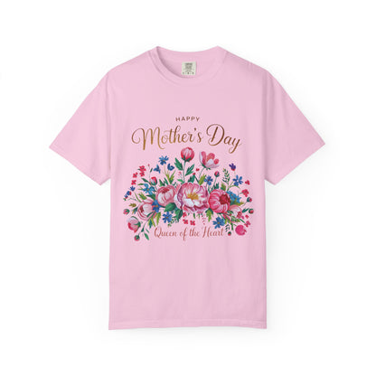 Happy Mother's Day Queen of the Heart T-Shirt featuring a classic crew neckline and durable double-needle stitching, embodies FireBrook Essentials' commitment to comfort and style with ethically-sourced cotton.