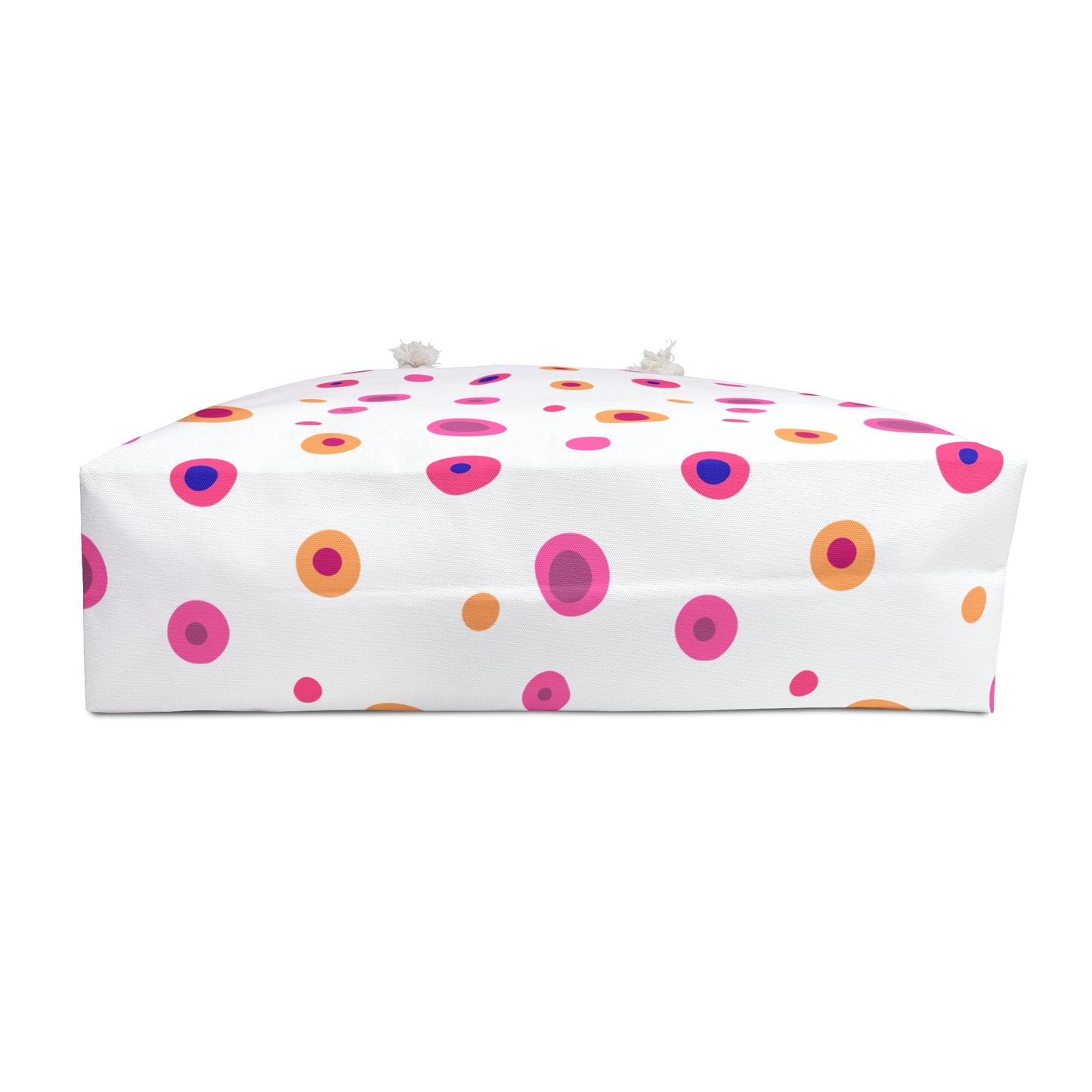 Travel Bag Yellow and Pink Circles featuring vibrant circles and durable spun polyester, complete with rope handles for easy carrying, embodies FireBrook Designs' joyful and stylish travel essentials.