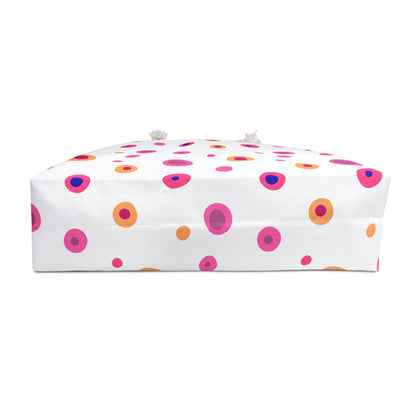 Travel Bag Yellow and Pink Circles featuring vibrant circles and durable spun polyester, complete with rope handles for easy carrying, embodies FireBrook Designs' joyful and stylish travel essentials.