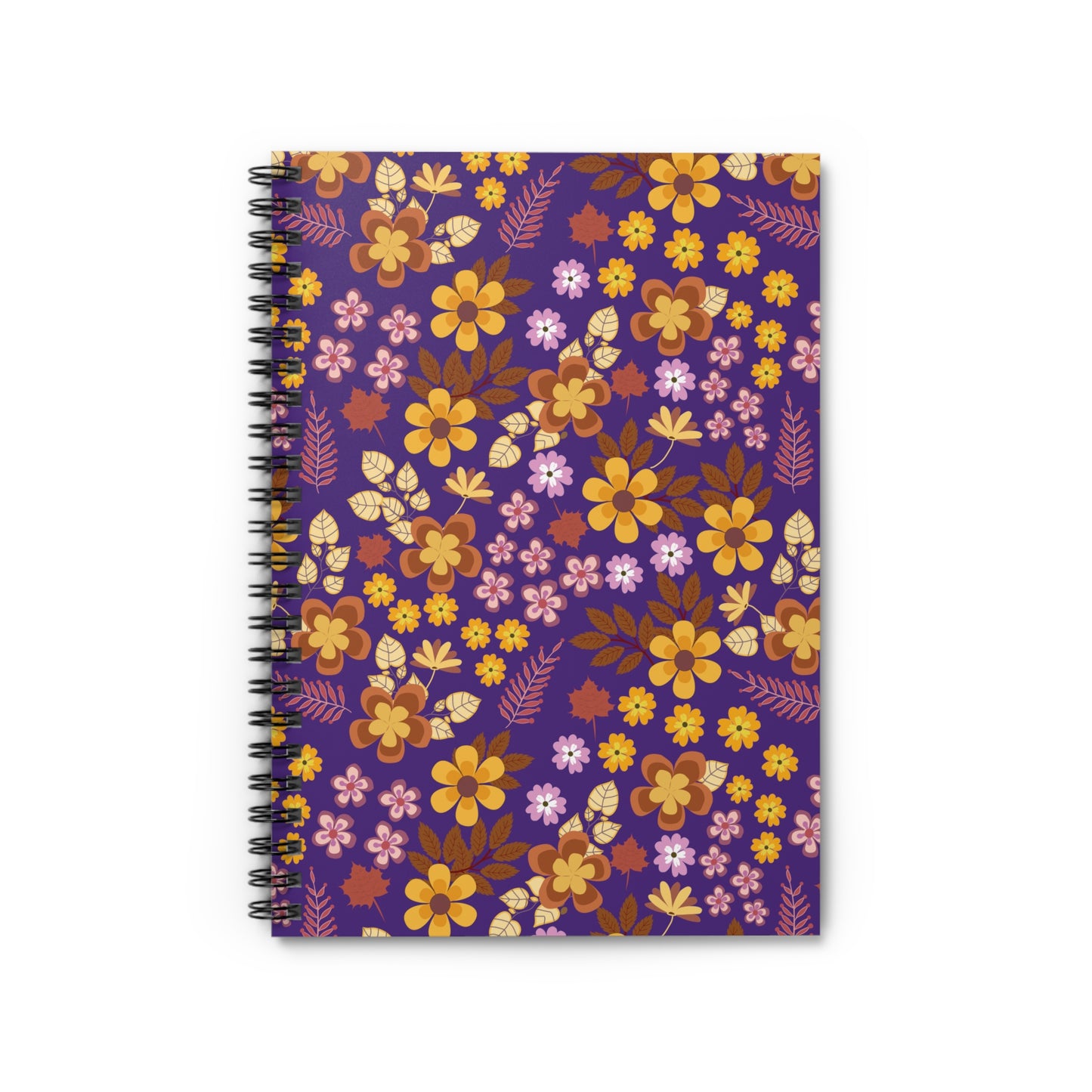 Floral Spiral Notebook with vibrant warm-toned flowers on a deep purple cover. Ideal for creative note-taking, it features durable metal binding and smooth pages, embodying FireBrook Designs' uplifting style.