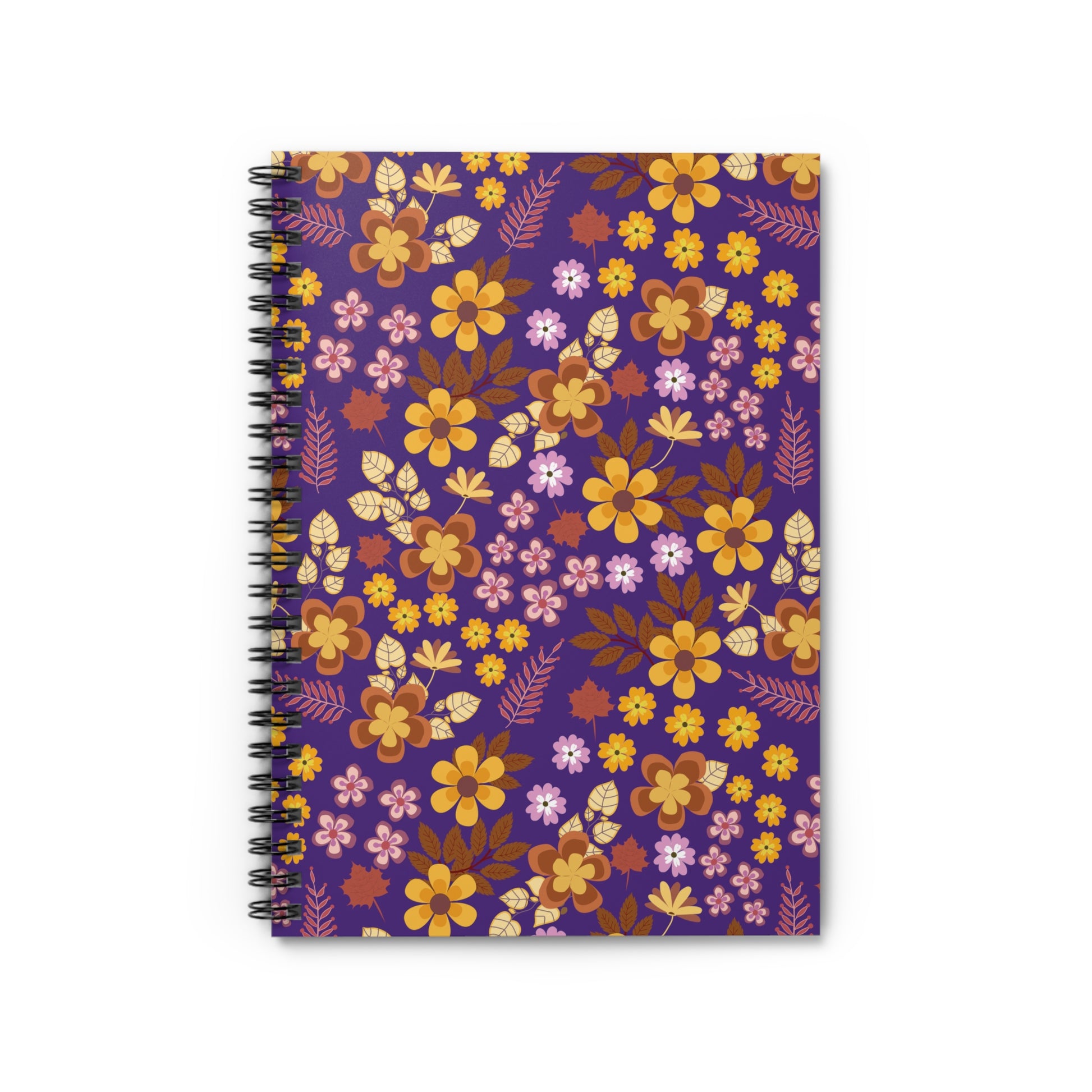 Floral Spiral Notebook with vibrant warm-toned flowers on a deep purple cover. Ideal for creative note-taking, it features durable metal binding and smooth pages, embodying FireBrook Designs' uplifting style.