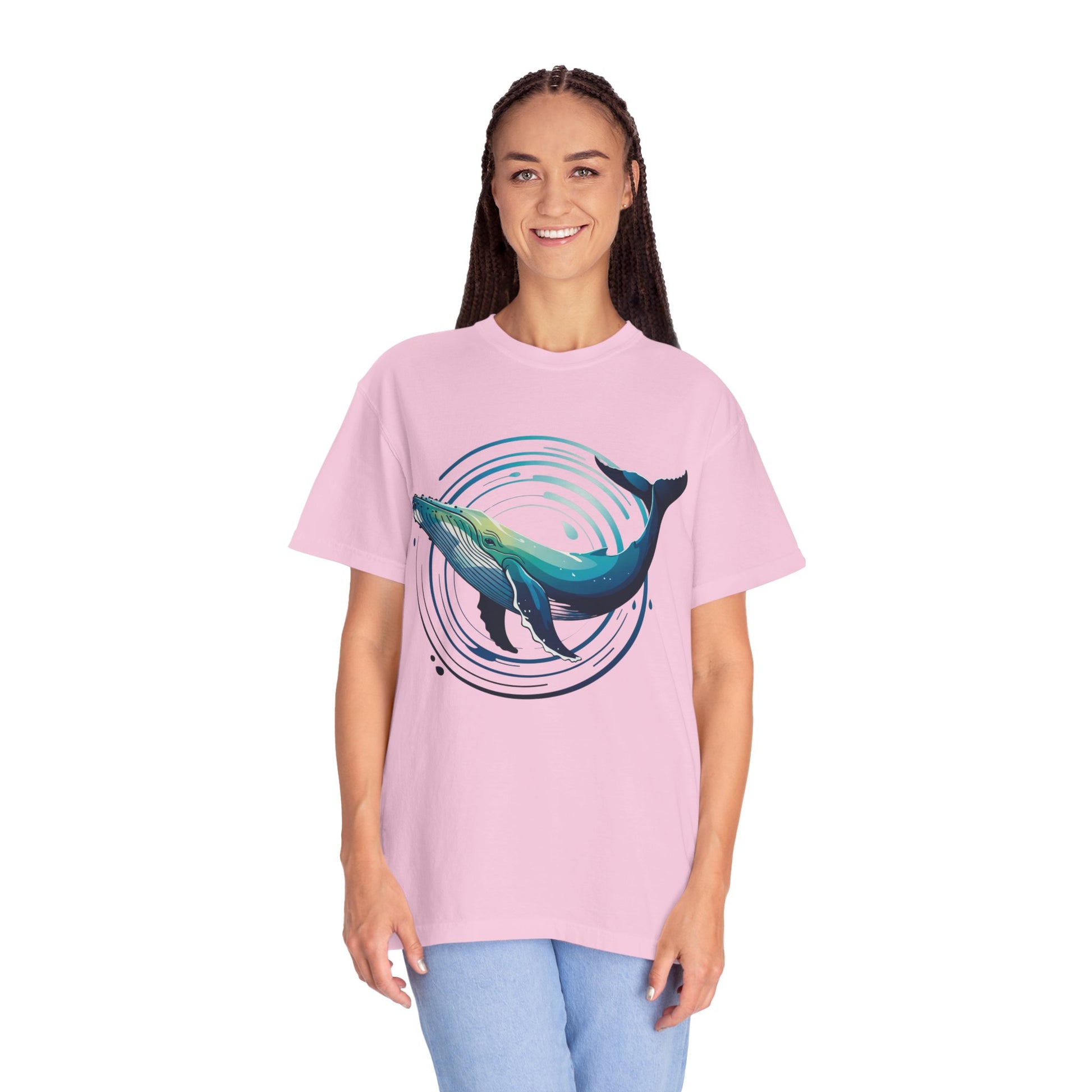 Ocean Wave with Humpback Whale Fin Design T-Shirt showcasing a vibrant, abstract ocean scene with a stylized whale fin, perfect for ocean enthusiasts seeking unique, artistic apparel from FireBrook Essentials.
