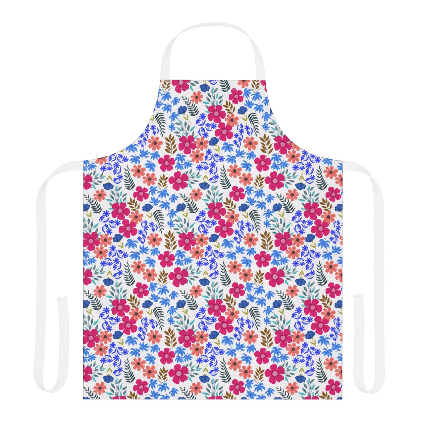 Apron Floral Design from FireBrook Essentials: A vibrant floral-patterned kitchen apron with adjustable ties, offering comfort and style. Made of soft polyester canvas, it's perfect for cooking and crafting.