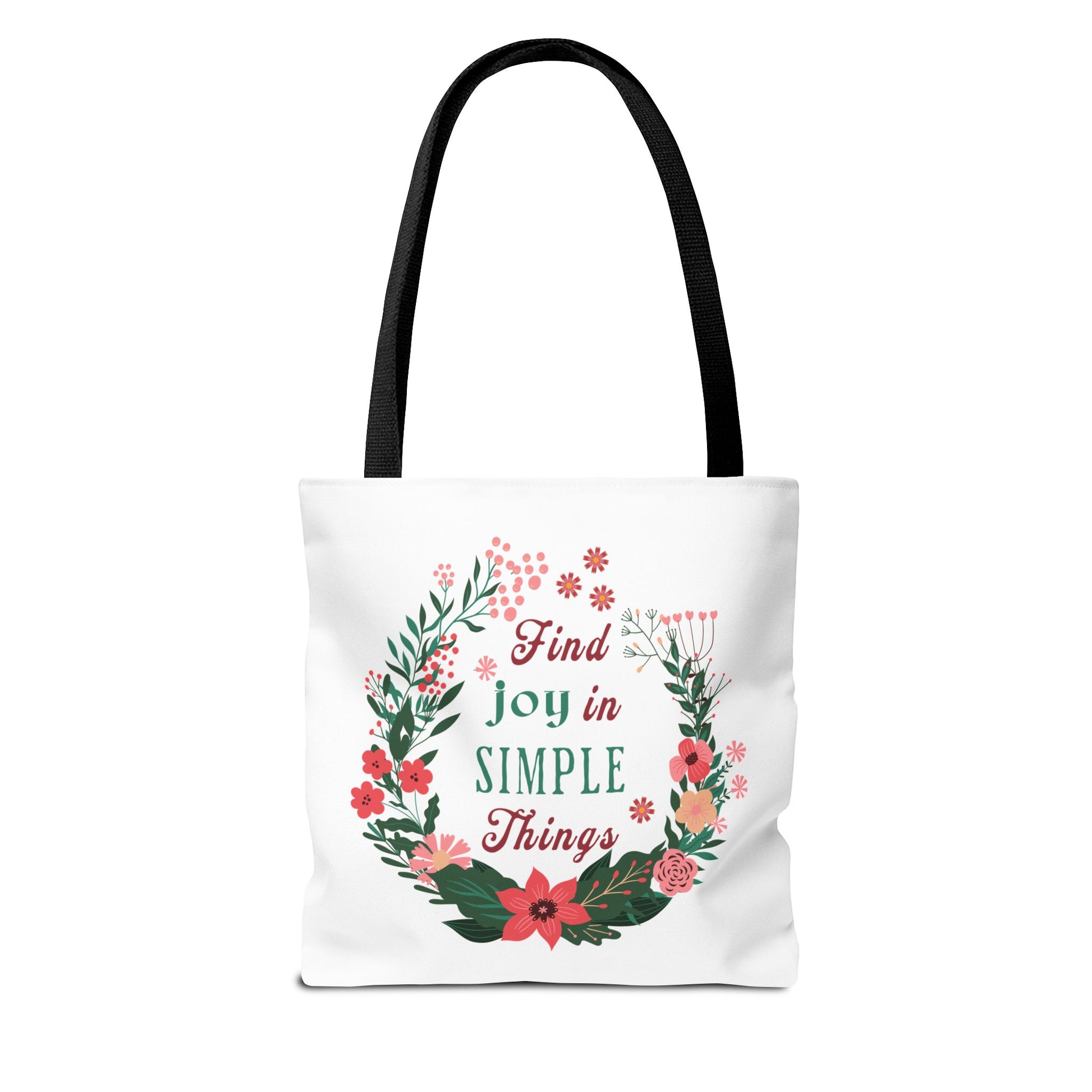 Find Joy in Simple Things Tote Bag featuring a watercolor floral wreath design, black handle, and text. Ideal for enhancing everyday tasks with style and positivity from FireBrook Essentials.