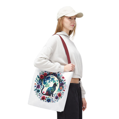 Lone Cat Under the Moon Tote Bag featuring a whimsical cat design, perfect for cat lovers. Durable polyester with boxed corners and reinforced handles, available in multiple sizes, embodying FireBrook Essentials' joy and style.