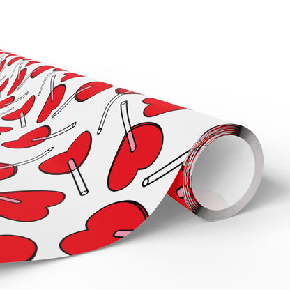 Cherry Pattern Wrapping Paper Roll – Red Heart Cherries Gift Wrap features bold red heart-shaped lollipops on white paper, embodying a playful pop-art style perfect for joyful gift-giving occasions.