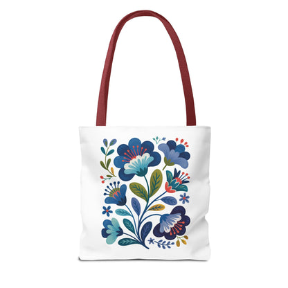 Vintage Folk Art Design Blue Floral Tote Bag featuring a charming, nostalgic pattern. Ideal for everyday use, with durable polyester and reinforced handles, reflecting FireBrook Essentials' commitment to stylish, uplifting accessories.
