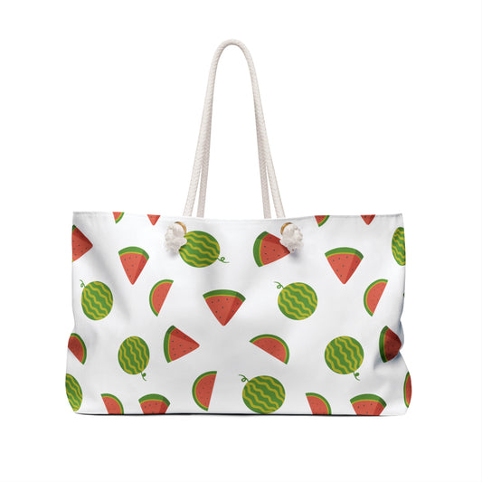 Watermelon Design Weekender Bag – Fun Summer Travel Tote with playful pinks, greens, and seed-inspired dots, featuring rope handles and a spacious T-bottom, perfect for joyful beach trips or getaways.