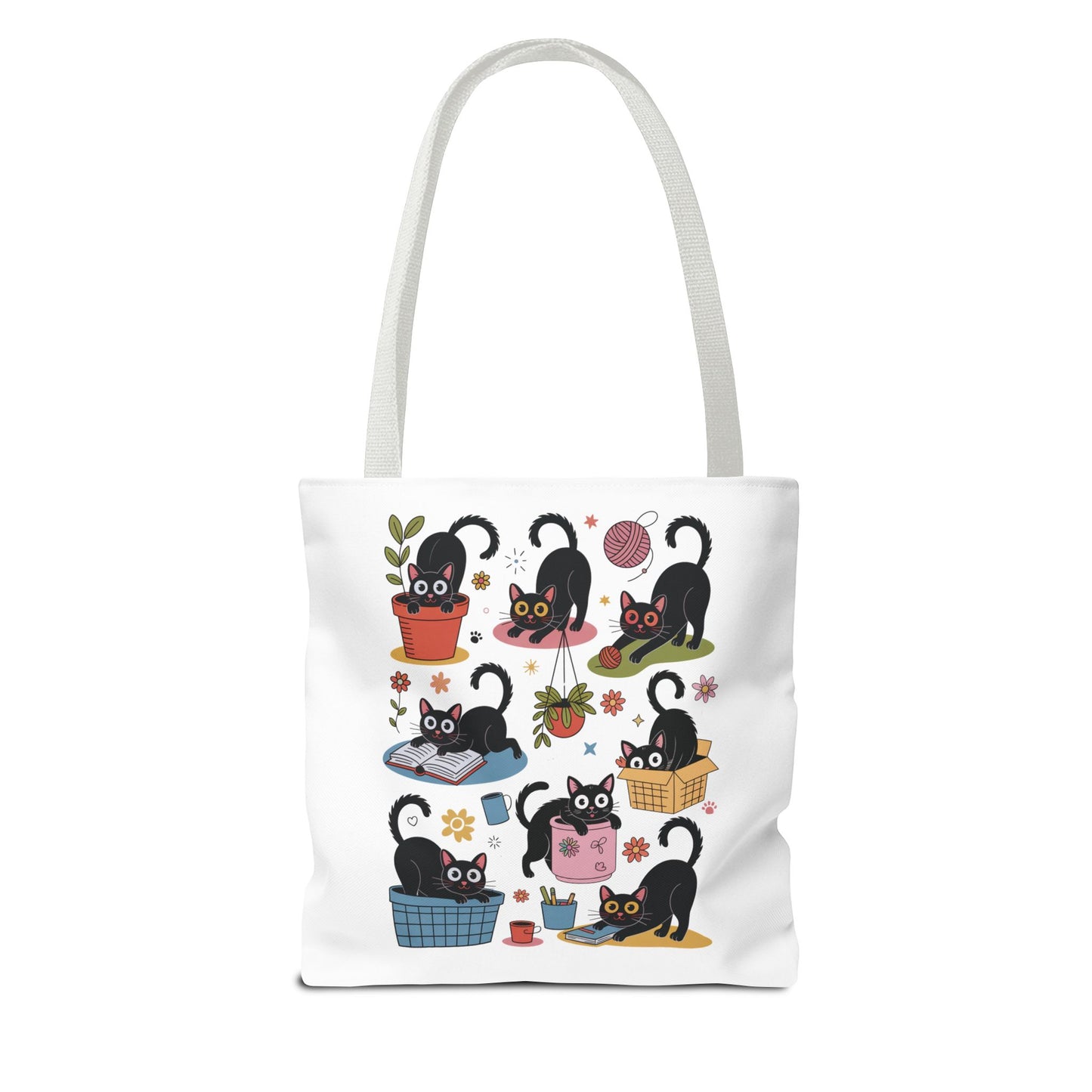 Cat Tote Bag - Curious Cat Design: A whimsical tote featuring a playful cat illustration, ideal for everyday use. Sturdy polyester body with reinforced handles, perfect for cat lovers and unique accessory enthusiasts.
