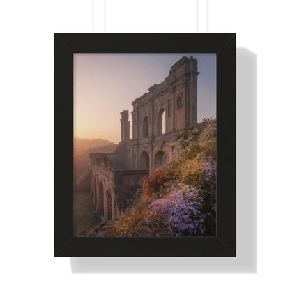 Vertical Poster - Ancient Palace Ruins with Wildflowers: A framed vertical poster showcasing ancient palace ruins adorned with vibrant wildflowers, perfect for art lovers and home decor, embodying FireBrook Designs' uplifting and stylish ethos.