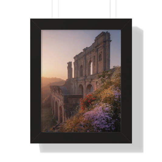 Vertical Poster - Ancient Palace Ruins with Wildflowers: A framed vertical poster showcasing ancient palace ruins adorned with vibrant wildflowers, perfect for art lovers and home decor, embodying FireBrook Designs' uplifting and stylish ethos.