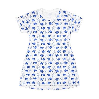 Copy of Watermelon T-Shirt Dress – Cute and Casual Summer Style featuring a whimsical fish and elephant pattern, highlighting playful and comfortable design, ideal for casual outings or relaxed gatherings.