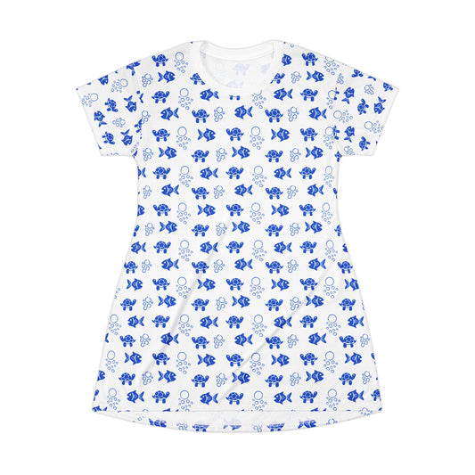 Copy of Watermelon T-Shirt Dress – Cute and Casual Summer Style featuring a whimsical fish and elephant pattern, highlighting playful and comfortable design, ideal for casual outings or relaxed gatherings.