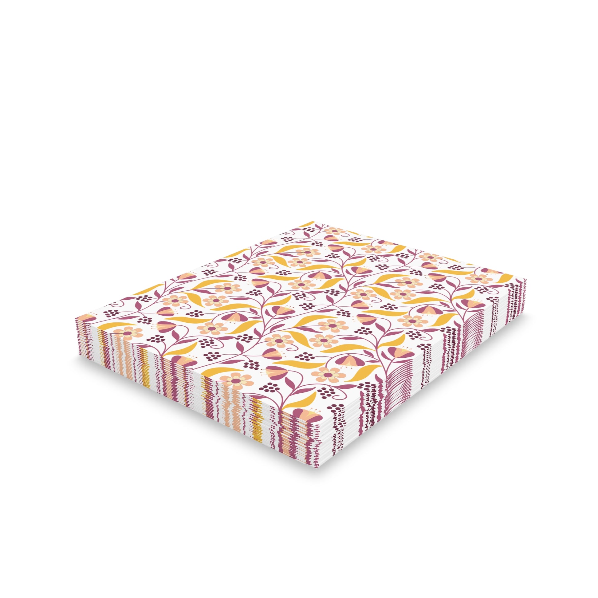 Floral Greeting Cards — Pack of 8/16/24 featuring a matte-finish with a vibrant floral-vine pattern, folded and ready to write, each card includes a matching white envelope.